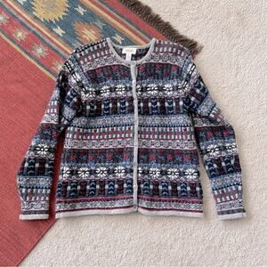 Vintage Wool Embroidered Fair Isle Talbots Blue Button Front Cardigan Sweater